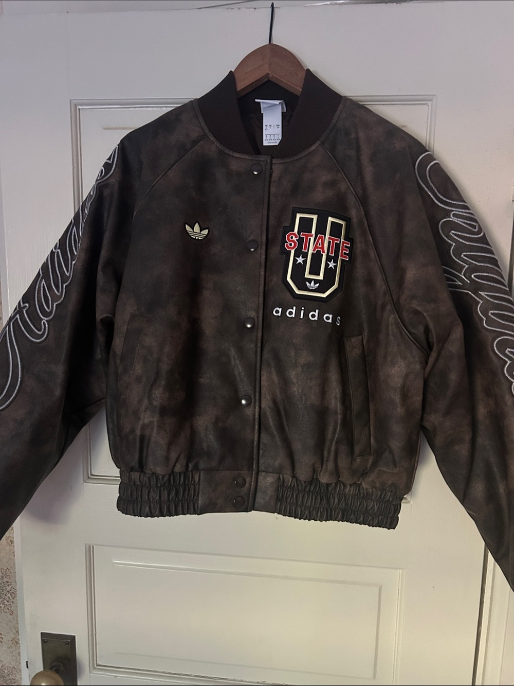 adidas Brown Faux Leather Varsity Bomber Jacket